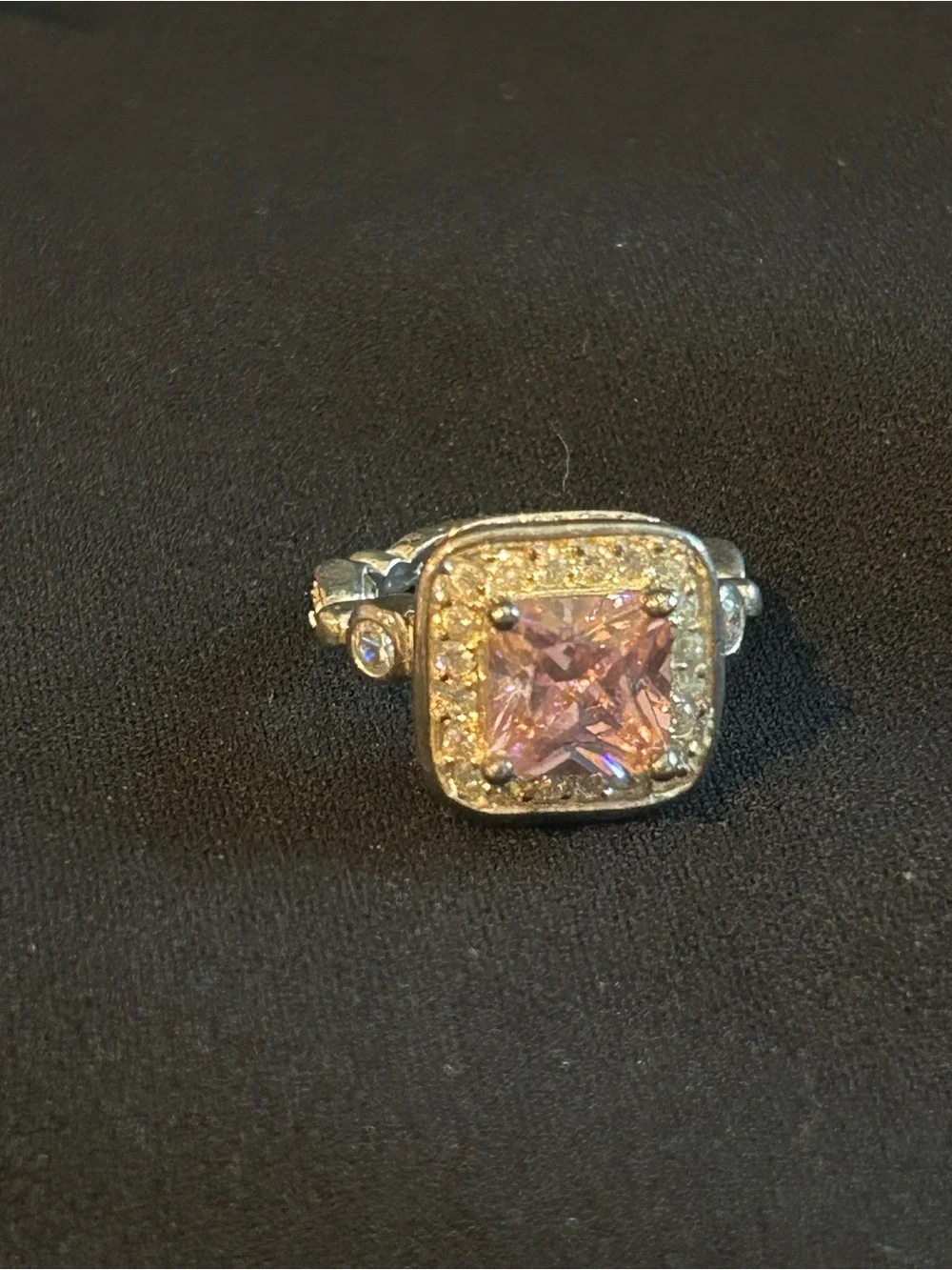 Pink Square Halo Cocktail Ring - Silver Tone